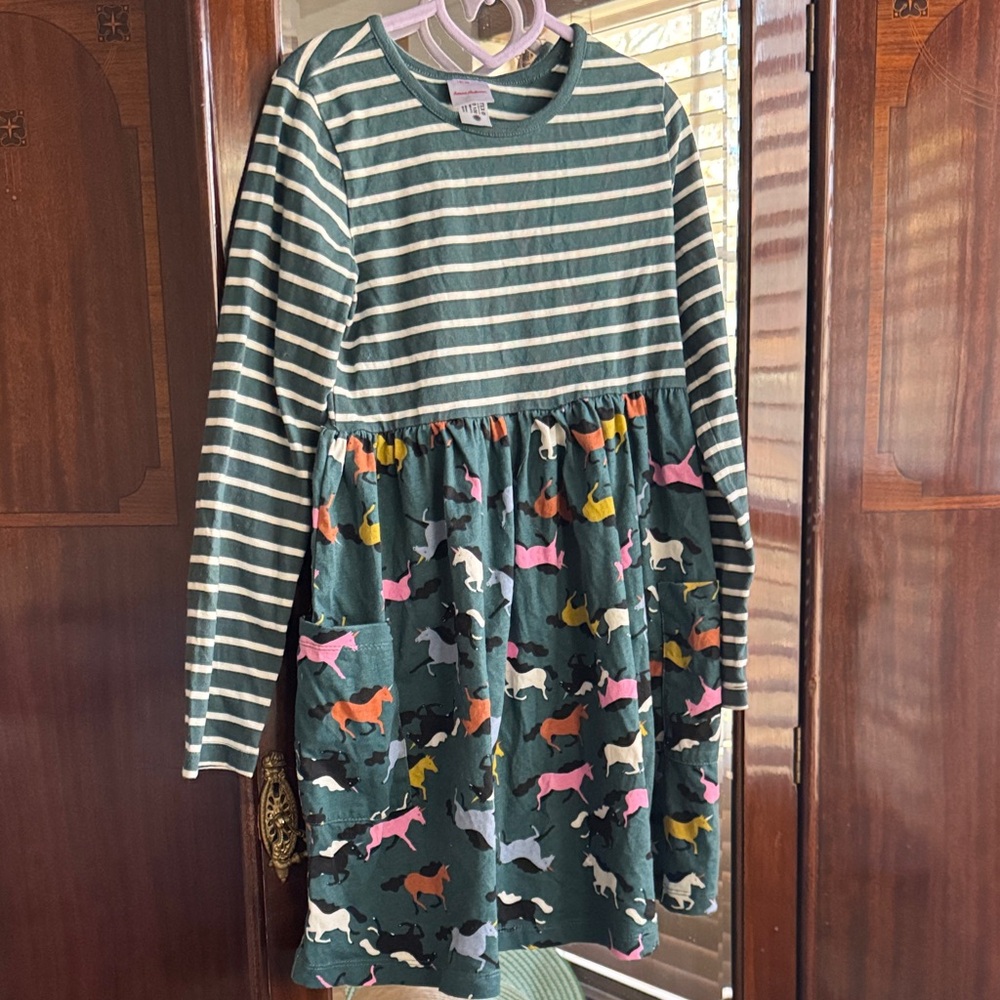 Hanna Andersson Striped Green Kids Dress with Colorful Horse Print